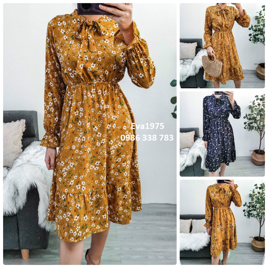 Đầm maxi đuôi xếp ly dài tay họa tiết hoa nhí