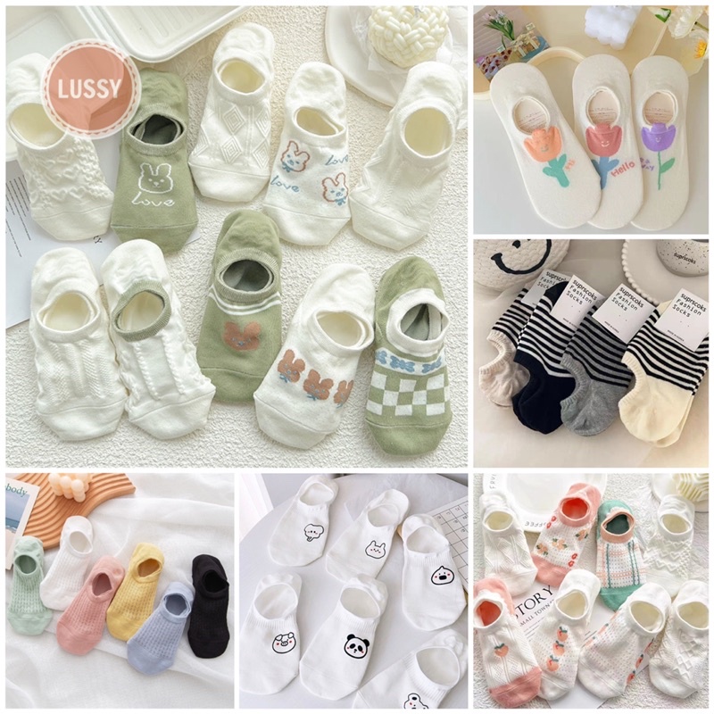 Set Tất Lười Nữ Vintage Chất Cotton Mềm Mịn Vớ Cổ Ngắn Hoạ Tiết Dễ Thương Đế Silicon