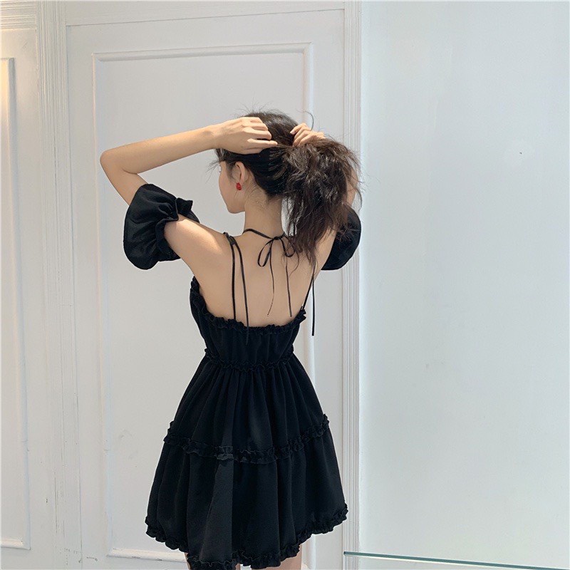 Váy Bèo BLACK ANGEL Buộc Dây Vai Cổ Màu Đen, Đầm Nữ Bánh Bèo