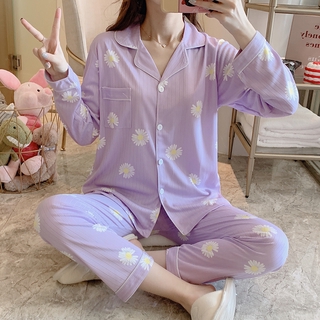 SUXI Bộ đồ ngủ pijama dài tay in hoa thời trang Hàn Quốc xinh xắn cho nữ