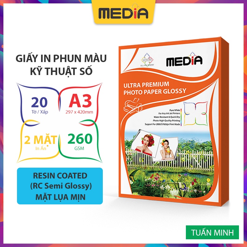 Giấy In Phun Màu Media Inkjet 2 Mặt Lụa Mịn (Resin Coated Semi Glossy), A3 260gsm 20 Tờ, Dùng Cho Tất Cả Máy In Phun Màu