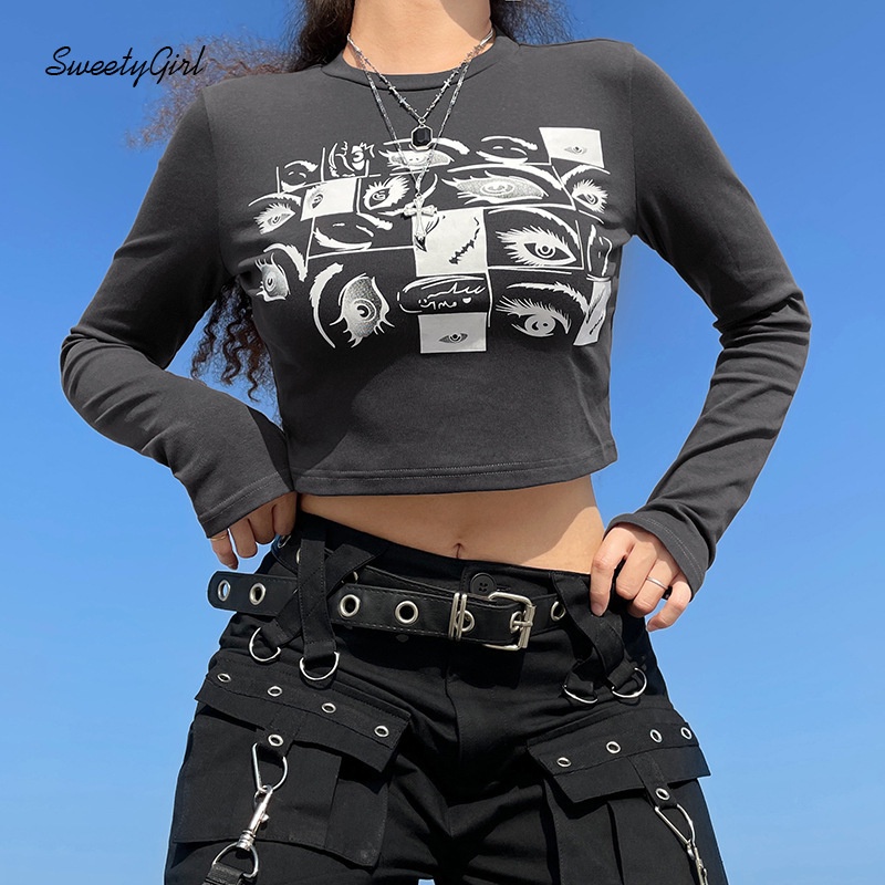 Áo Thun Tay Dài Cổ Tròn In Hình Đôi Mắt Hoạt Hình Dành Cho Nữ