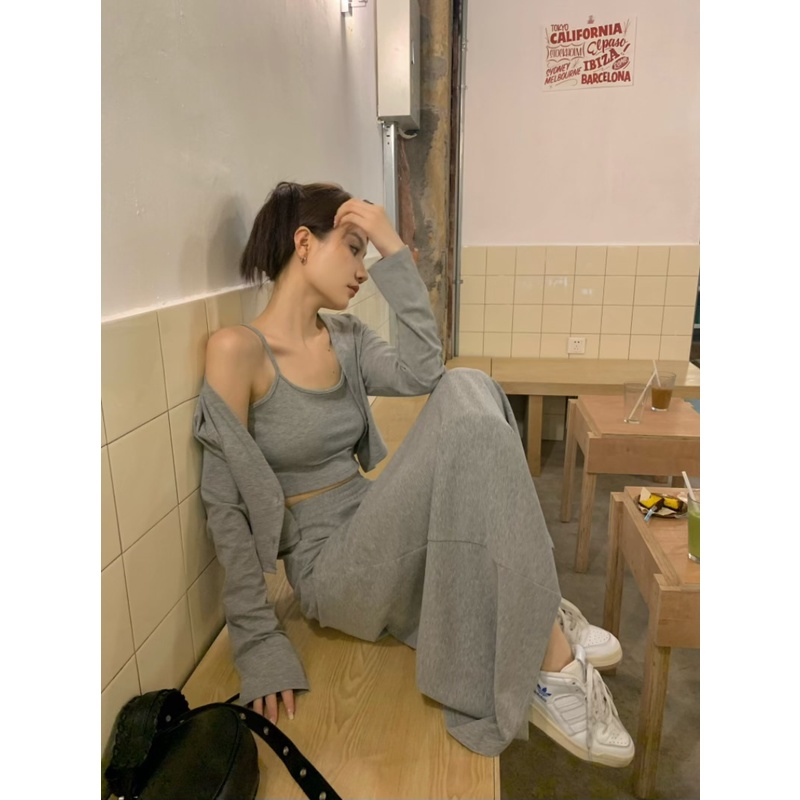 「MOTEL7」Set Áo Hai Dây Màu Xám + Áo Khoác Cardigan Dài Tay + Chân Váy Ngắn Lưng Thun Dài Qua Gối Phong Cách Mỹ Dễ Phối Đồ