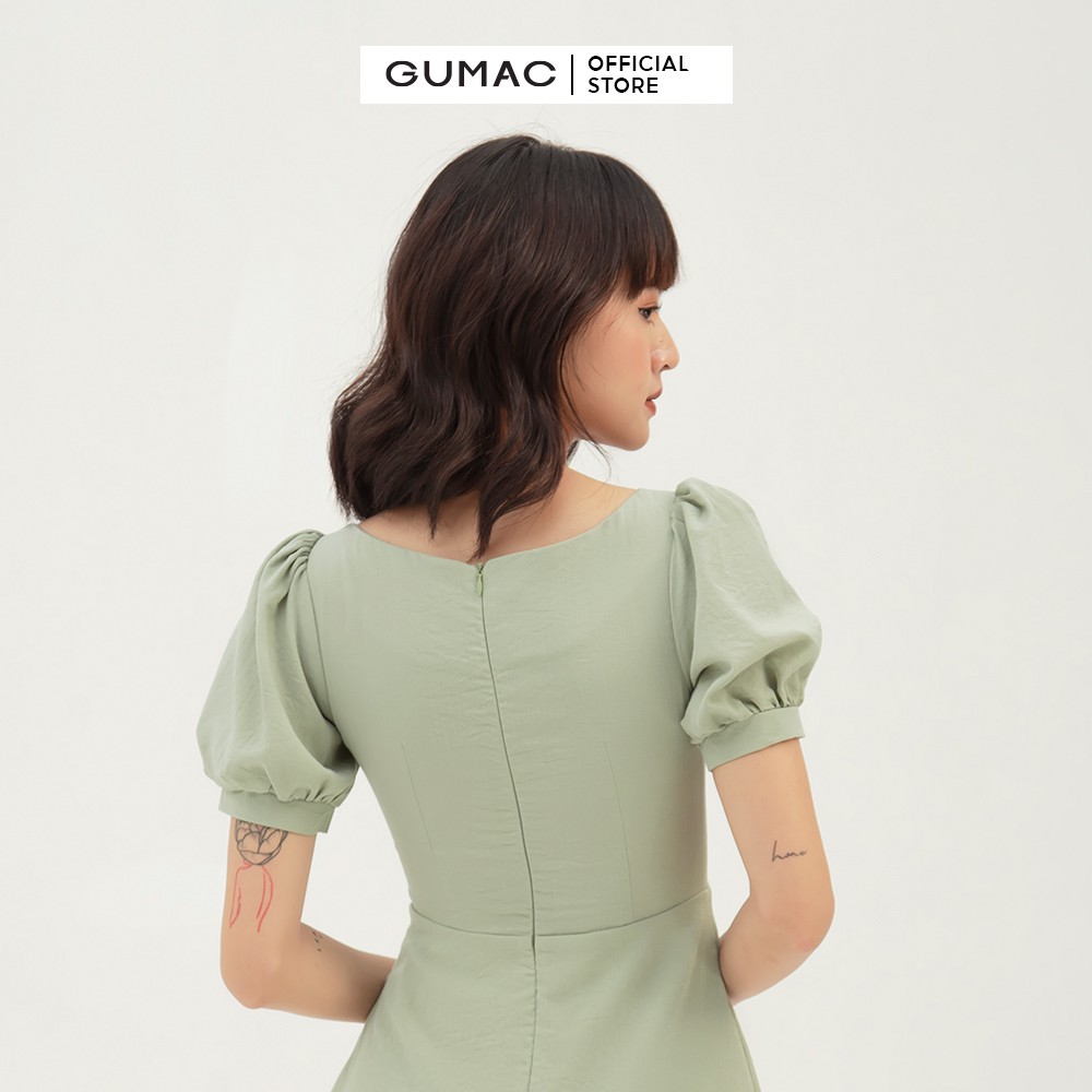 [Mã MABR07062 giảm 8% tối đa 50K đơn từ 249K] Đầm xòe nữ cổ vuông dằn chỉ GUMAC màu xanh trơn DB345 | BigBuy360 - bigbuy360.vn