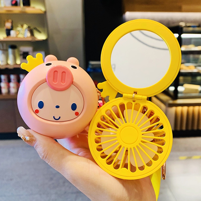 Quạt usb Mini Cầm Tay Kèm Móc Khóa Hoạt Hình + Gương Tiện Dụng Cho Học Sinh