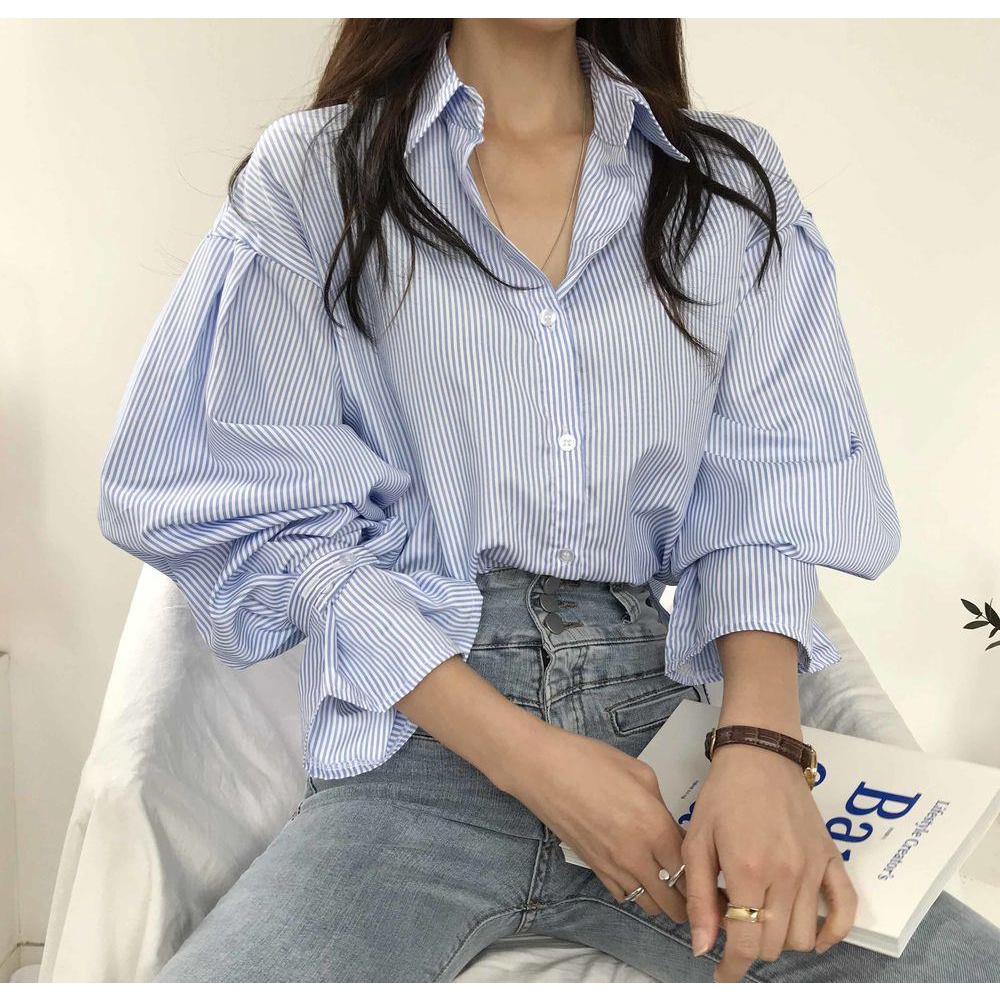 Áo sơ mi nữ tay dài dáng rộng kẻ sọc phong cách Hàn Quốc thời thượng