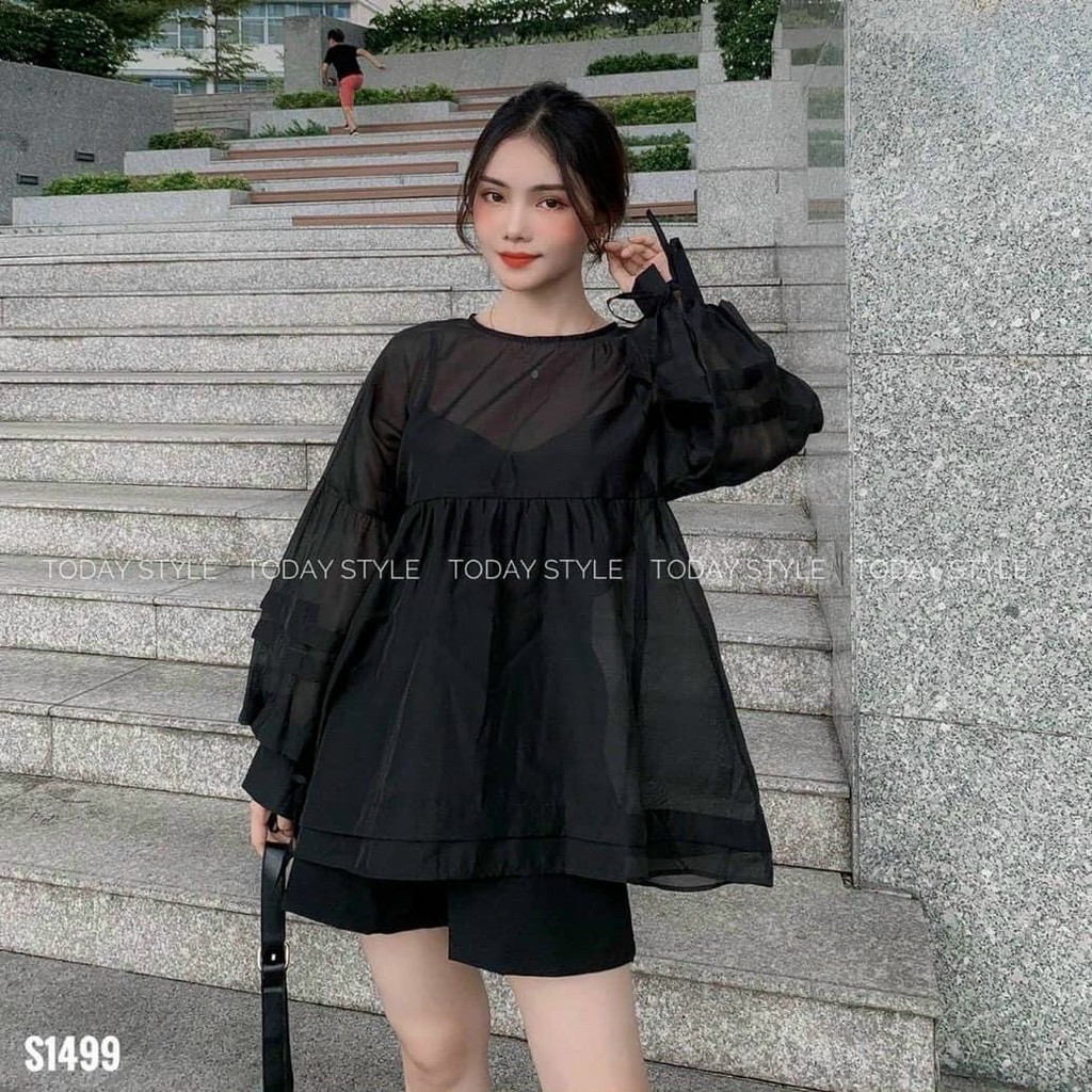 Set áo babydoll áo 2 dây và quần short lưng cao có túi 2 bên siêu xinh- ann9399