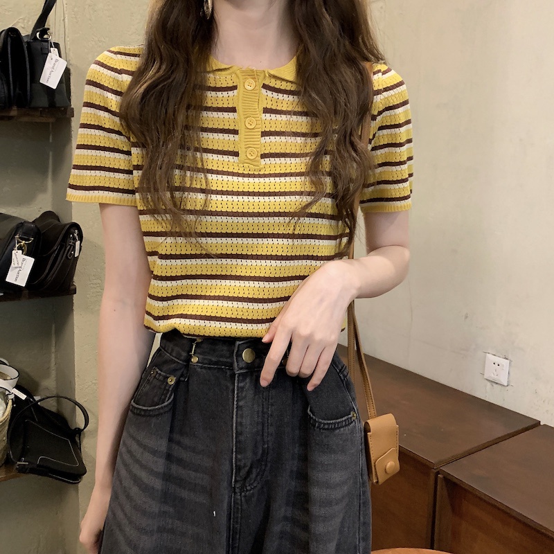 Porozi  Áo thun polo  tay ngắn dáng ôm kẻ sọc kiểu Hàn Quốc dễ thương cho nữ