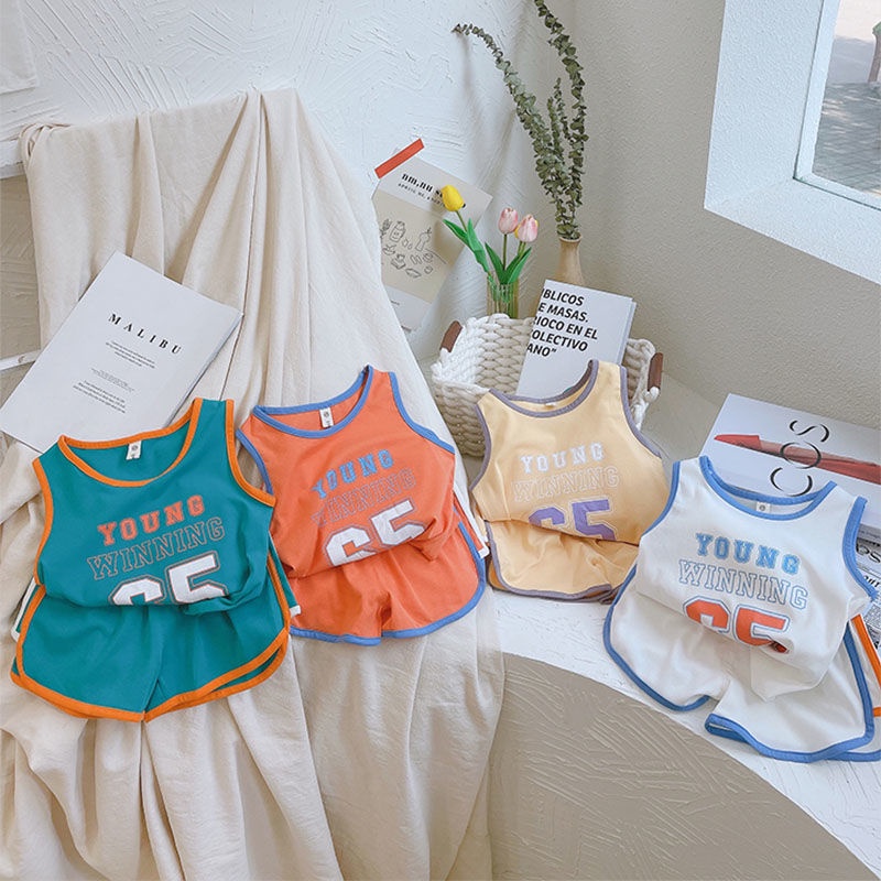 Set Đồ Thể Thao Gồm Áo Ba Lỗ In Họa Tiết Kỹ Thuật Số + Quần Ngắn Phong Cách Hàn Quốc Mới Cho Bé