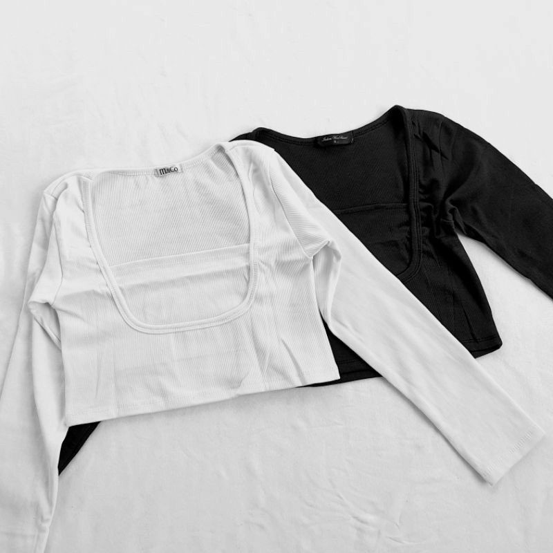 Áo thun croptop tay dài kiểu cổ U may nổi siêu hot(A15