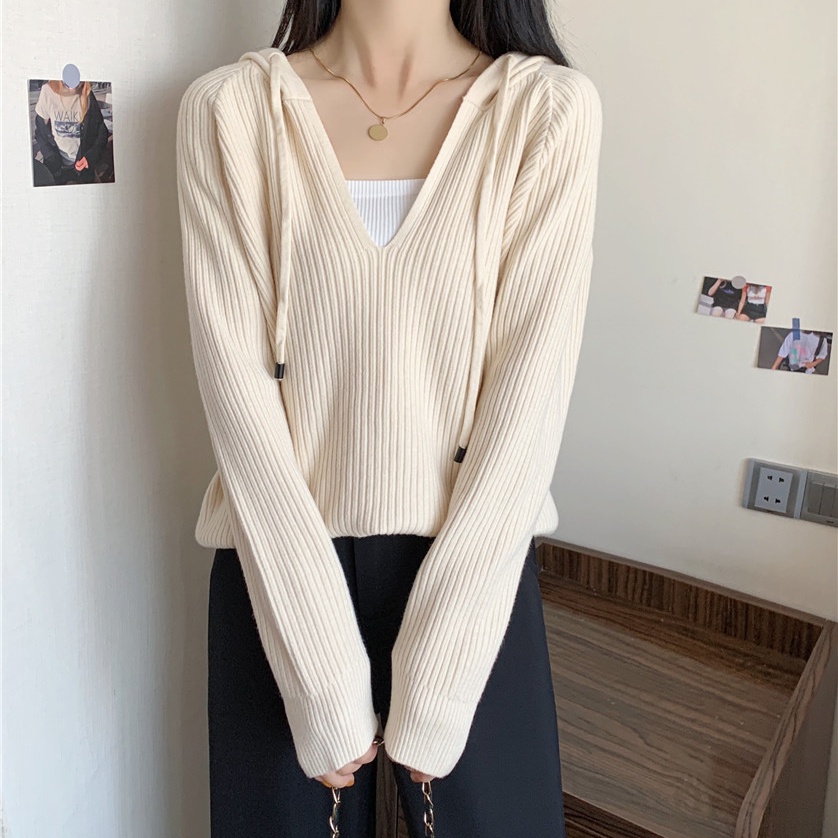 SUXI Áo Sweater Dệt Kim Có Mũ Trùm Tay Dài Dáng Rộng Vải Mềm Màu Trơn Kiểu Hàn Quốc Dễ Thương Cho Bạn Gái