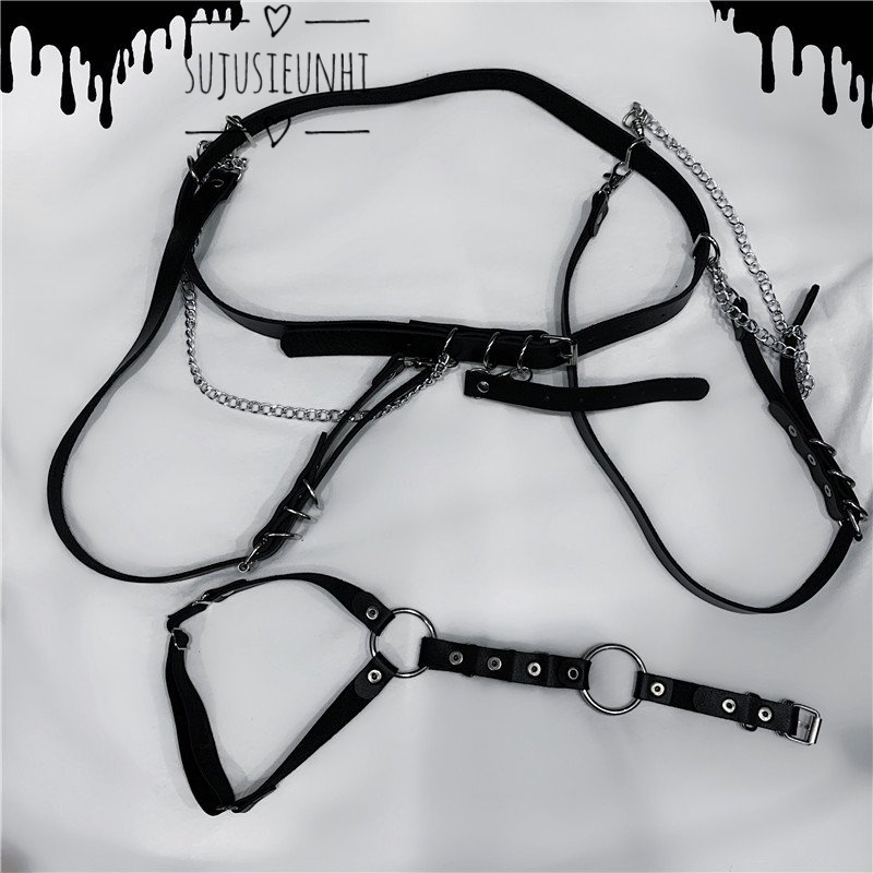 Thắt lưng da dáng chuỗi liền dây xích gothic lolita kèm choker đeo đùi loại dài phong cách punk