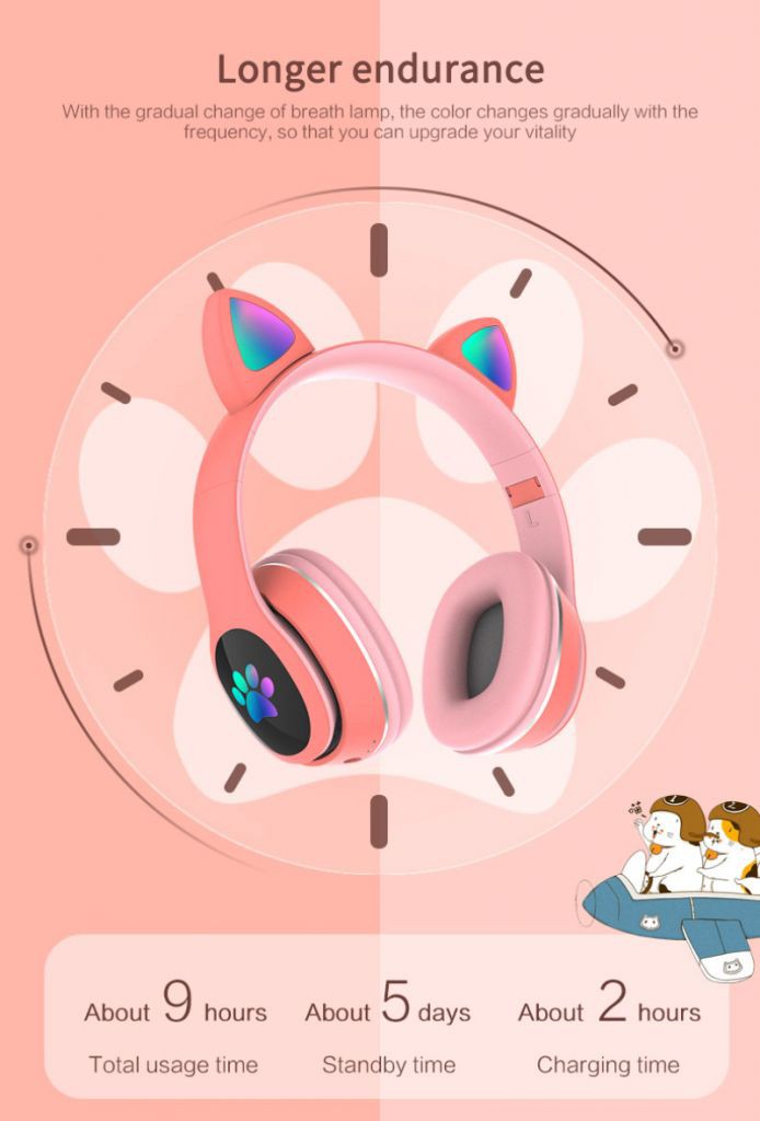 Wireless Bluetooth 5.0 Cute Cat Ear Shape Luminous Headphone Sport Headset Tai Nghe Chụp Tai Bluetooth Không Dây Trang Trí Hình Tai Mèo Có Đèn LED Điều Chỉnh Được Âm Lượng BEST