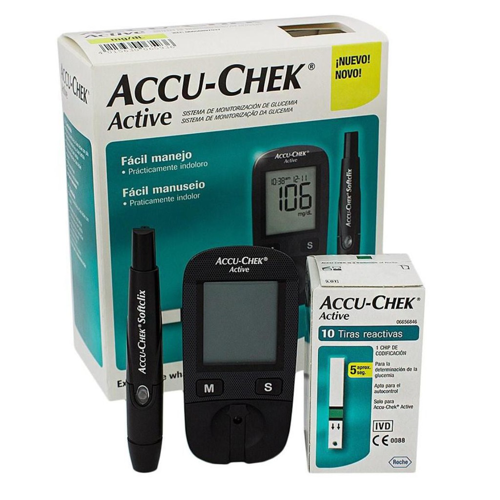 Máy đo đường huyết AccuChek Active, Tặng dụng cụ lấy máu Softclix, 10 kim, hộp 10 que