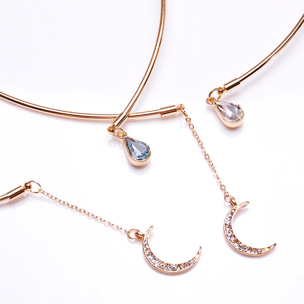 Dây chuyền dạng mở phối đá nhân tạo thời trang và mặt hình trăng khuyết cá tính cho nữ