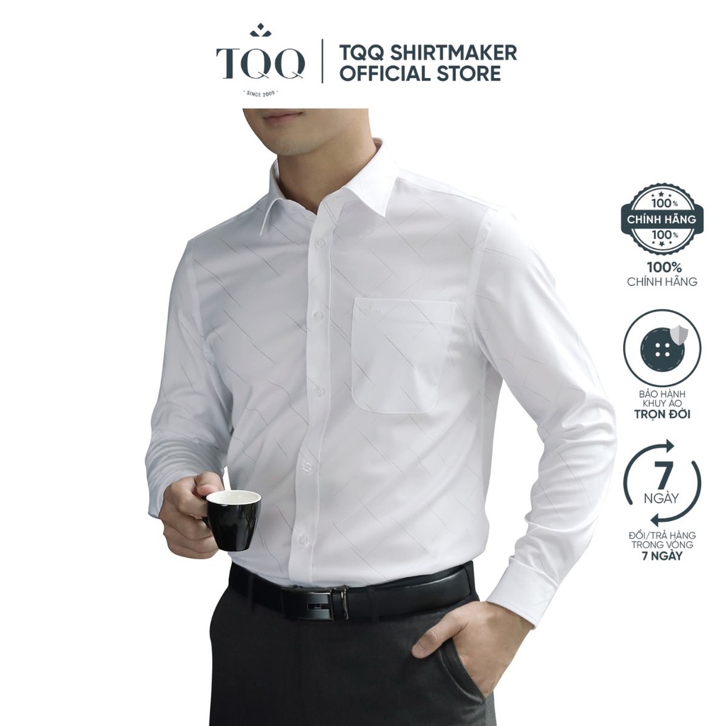 Áo sơ mi nam dài tay cao cấp H331CS TQQ màu trắng dáng Slimfit tôn dáng vạt tôm có túi ngực