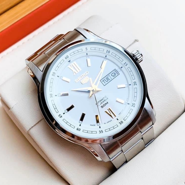 Đồng hồ Nam Seiko 5 Automatic SNKP15J1/SNKP15K1 Mặt trắng,Lịch thứ ngày-Máy cơ tự động-Dây kim loại cao cấp-Size 42mm