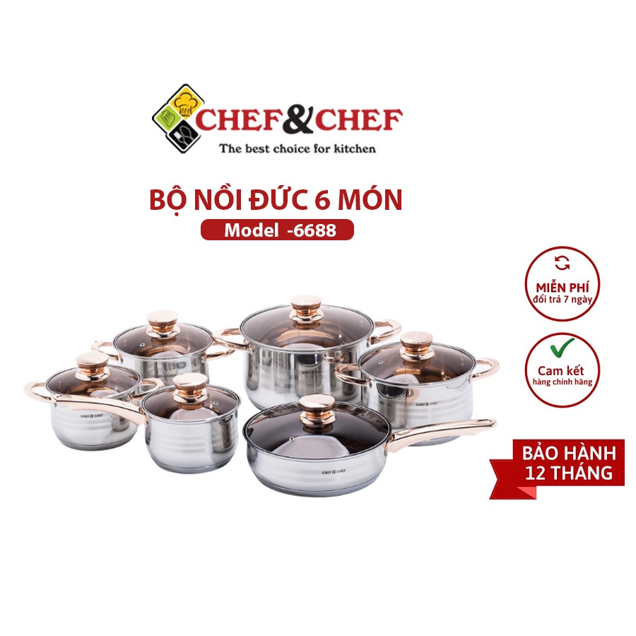 Bộ nồi Đức 6 món CHEF&CHEF - 6688 Đun nấu nhanh và tiết kiệm năng lượng nhờ đáy 5 lớp