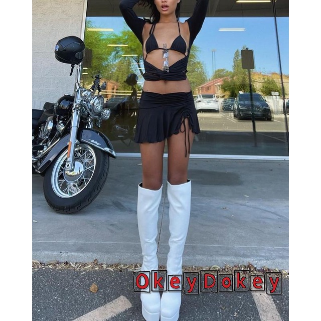 Chân váy ngắn phối dây rút phía trước thời trang mùa hè cho nữ