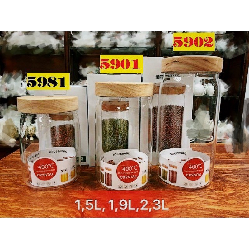 HŨ THUỶ TINH NẮP GỖ (VẶN) DUNG TÍCH LỚN 1500ml-1900ml-2300ml