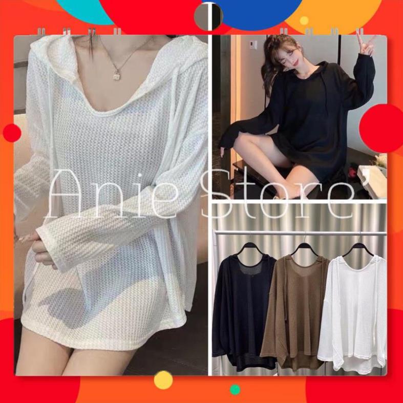 Áo Len Nữ Tổ Ong Có Mũ Dài Tay 🦋 Áo Hoodie Mỏng Dáng Rộng Ulzzang 3 Màu 🦋
