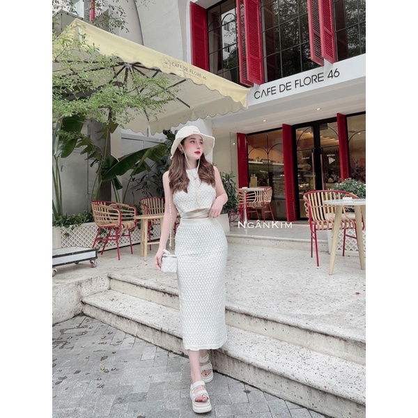 Đầm ôm body midi dài phối crotop thắt nơ sang chảnh