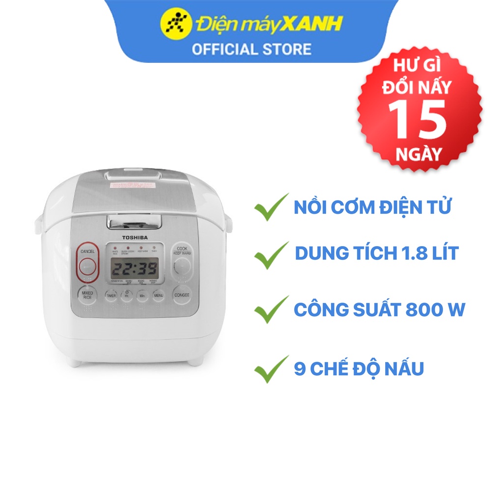 Nồi cơm điện tử Toshiba RC-18NMFVN(WT) 1.8 lít 800W lòng nồi chống dính - Chính hãng BH 12 tháng - Sản xuất tại Thái Lan