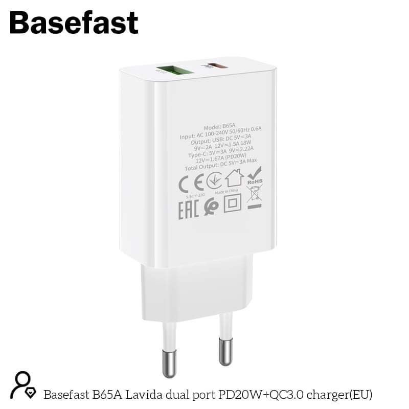 Củ sạc nhanh 2 cổng USB Và Type-C QC 3.0 PD20W Basefast B65A - TRẮNG Sạc Nhanh Và Tiện Lợi Cho Mọi Máy