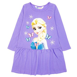 Đầm thun cotton tay dài in công chúa Elsa xinh xắn cho bé gái