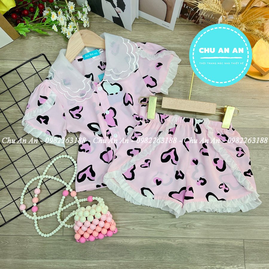 Set Pijama Lụa Mango Phối Cổ Ba Lá Hàng Thiết Kế Cao Cấp Tay Cộc .Bộ Ngủ Lụa Bé Gái Cao Cấp