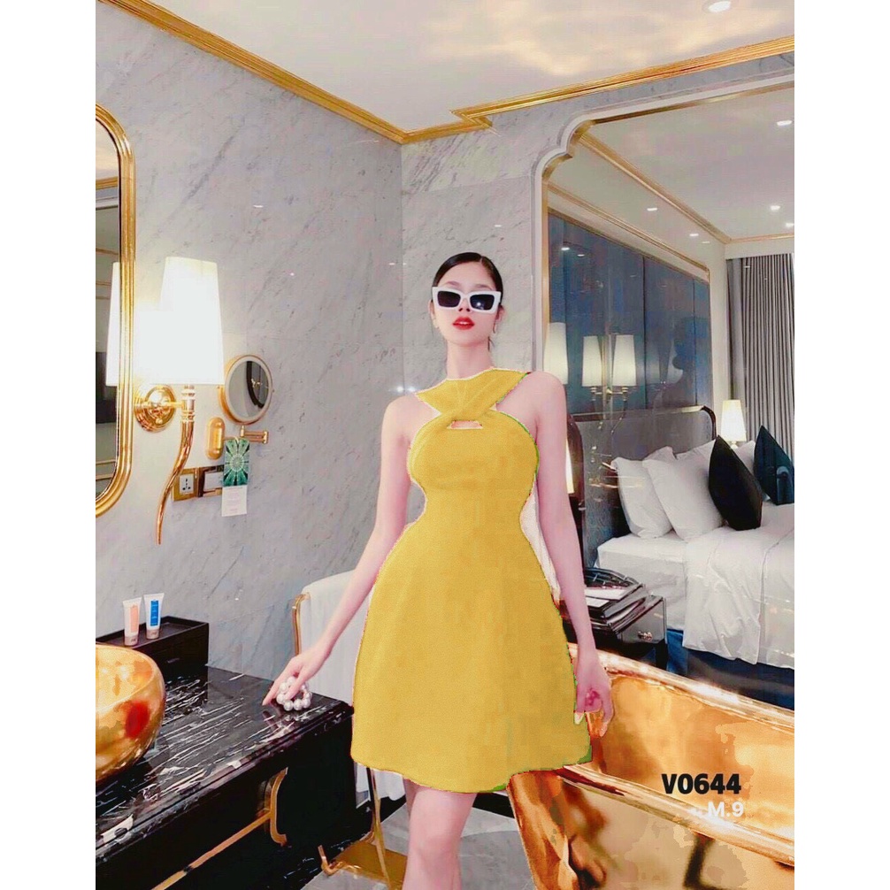 đầm xéo yếm đẹp tiểu thư chất xốp dáng xòe k