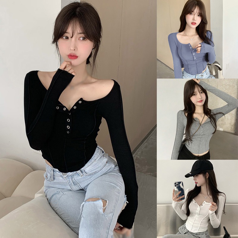 Áo dệt kim tay dài thiết kế quyến rũ phong cách Hàn Quốc cho bạn gái