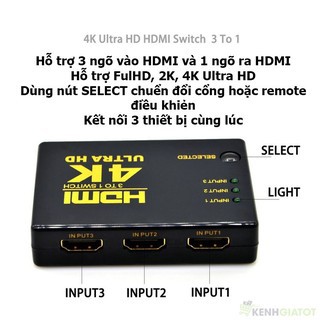 (SIÊU GIẢM GIÁ) Switch HDMI 4k hỗ trợ từ 3x1 hỗ trợ 3 ngõ vào như DVD, Android box, PC ra 1 cổng HDMI tivi -dc3145