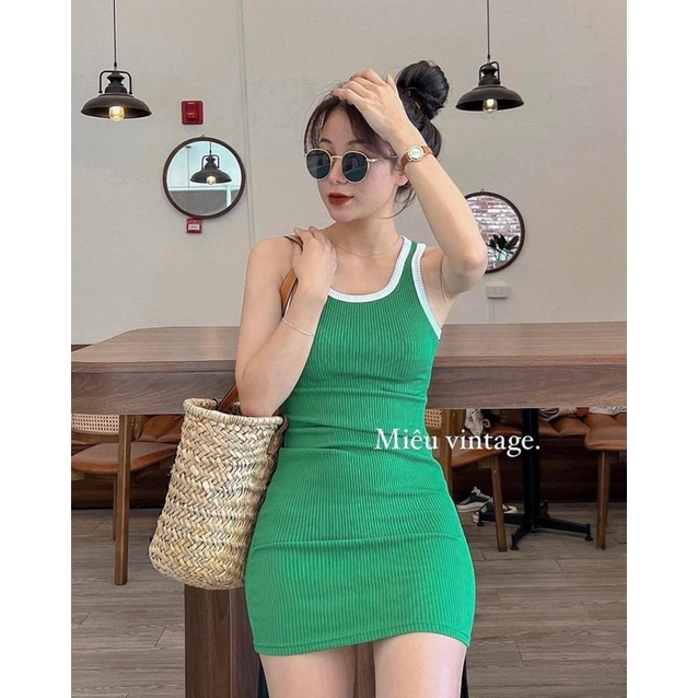 [Ảnh thật/Video] Đầm ôm body phối viền trắng Hàn Quốc tôn dáng