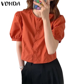 Áo sơ mi kiểu VONDA tay ngắn phồng cổ tròn màu trơn cài nút thời trang Hàn Quốc cho nữ