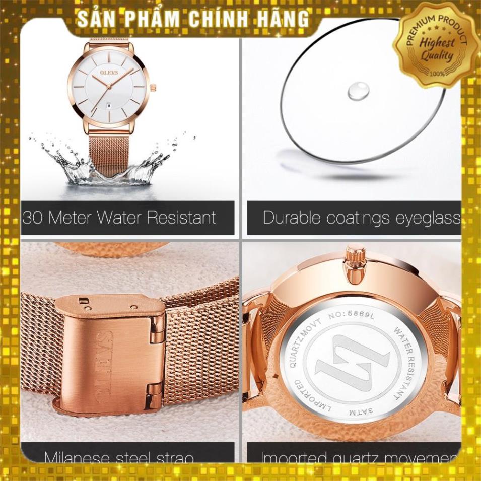 Đồng hồ đeo tay OLEVS 5869 dây đeo thép lưới siêu mỏng có lịch chống vô nước màu vàng hồng thời trang cho nữ