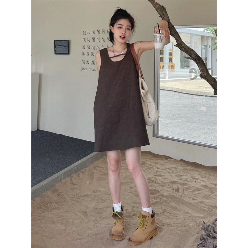 Đầm Dáng Chữ A Không Tay Thiết Kế Mỏng Họa Tiết Kẻ Sọc Màu Cà Phê Đơn Giản Thời Trang Mùa Hè Mới