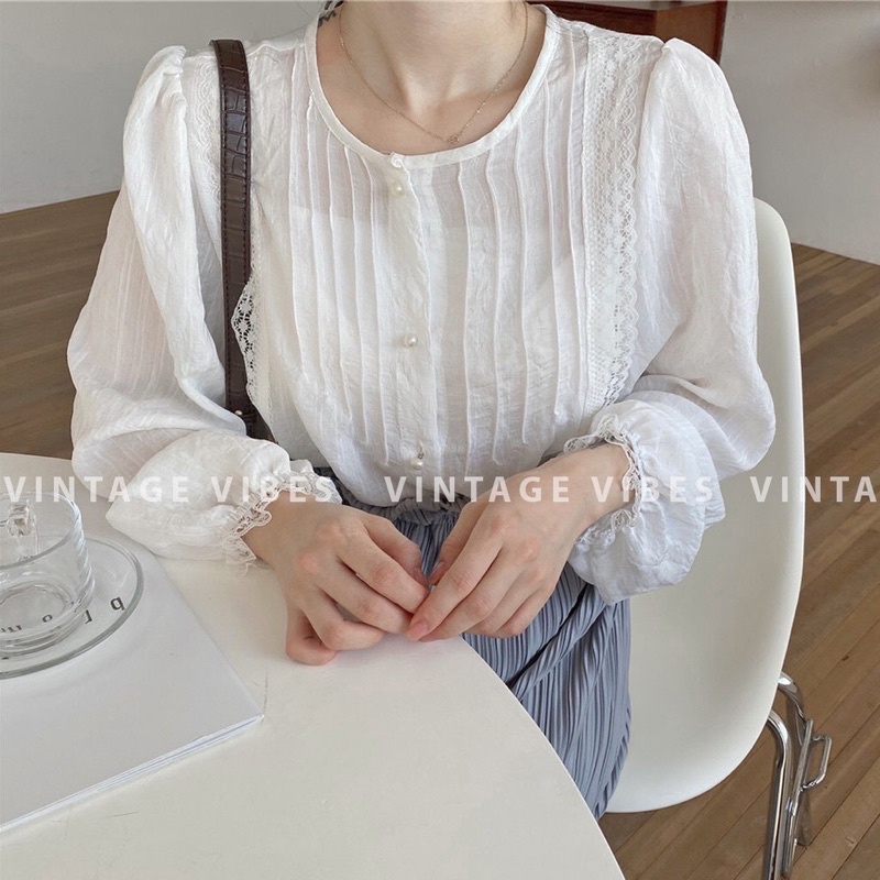 🔻PASS🔺 ÁO SƠMI HÀN QUỐC TIỂU THƯ PHỐI REN CỔ TRÒN FREESIZE