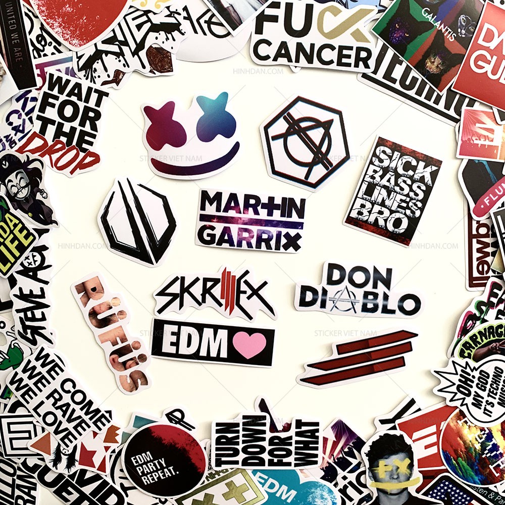 Sticker EDM nhạc điện tử hình dán chống nước trang trí xe, laptop, nón bảo hiểm, tem dán đàn guitar, xe cub