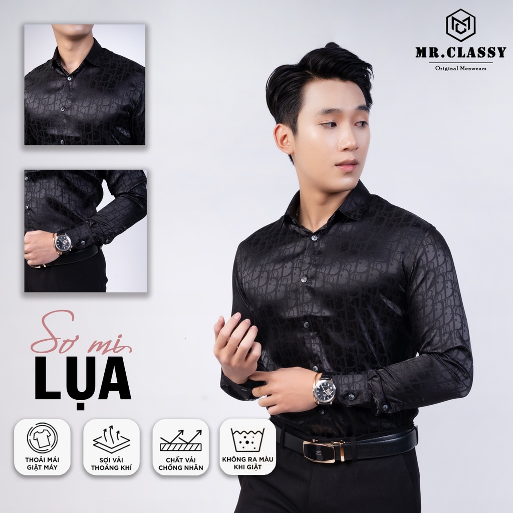Áo sơ mi lụa Nam vải bóng hoạ tiết chữ D màu đen. Mềm mịn thoáng mát, không nhăn không xù
