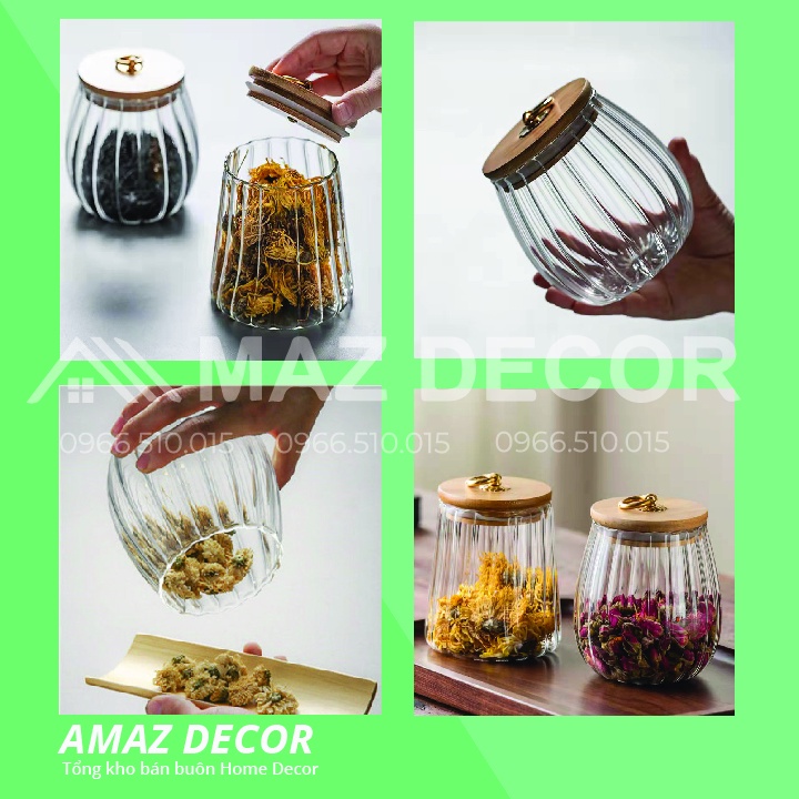 SALE SẬP SÀN Lọ thủy tinh nắp gỗ đựng trà, đựng thảo dược đồ khô, đường... đẹp giá rẻ 800ml (HB201-HB202)