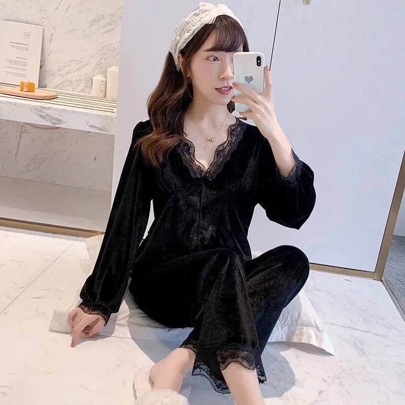 Bộ đồ ngủ tay dài chất nhung thời trang thu đông cho nữ