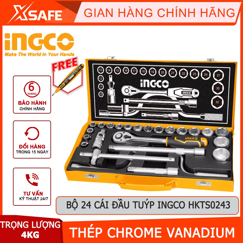 Bộ tuýp 44 chi tiết INGCO HKTS42441 bộ 44 đầu tuýp chất liệu thép chrome cao cấp, 2 cờ lê tự động, lắc léo