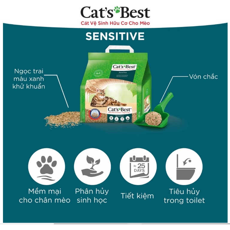 Cát gỗ vệ sinh cho mèo Cat's Best Sensitive  | Siêu thấm hút | Vón cục | Xả được trong tolet
