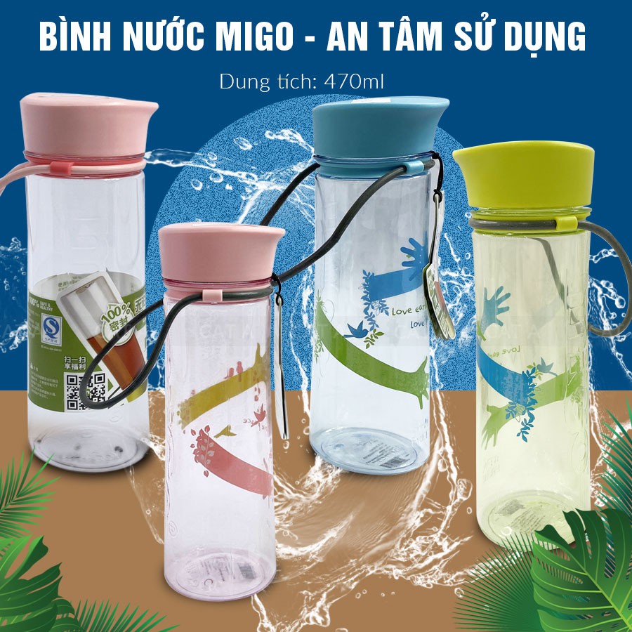 [470ml-1521] BÌNH ĐỰNG NƯỚC FREE MIGO, BÌNH NƯỚC BẰNG NHỰA  BPA  Cao cấp  - An toàn, trong suốt, có rây lọc, quai xách