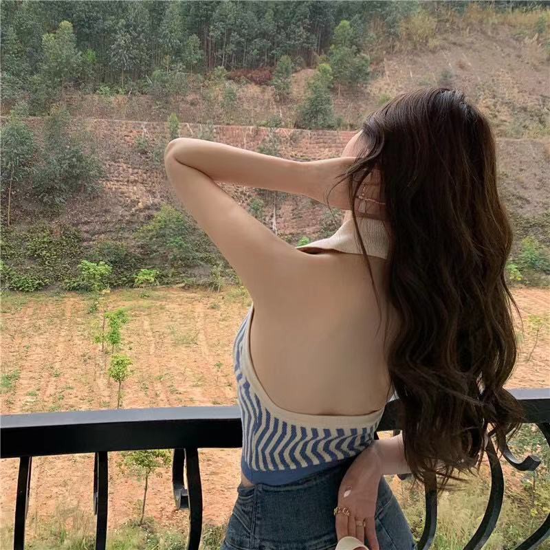 Áo Hai Dây Cổ Chữ V Hở Lưng Họa Tiết Kẻ Sọc Phong Cách Retro Gợi Cảm Cho Nữ