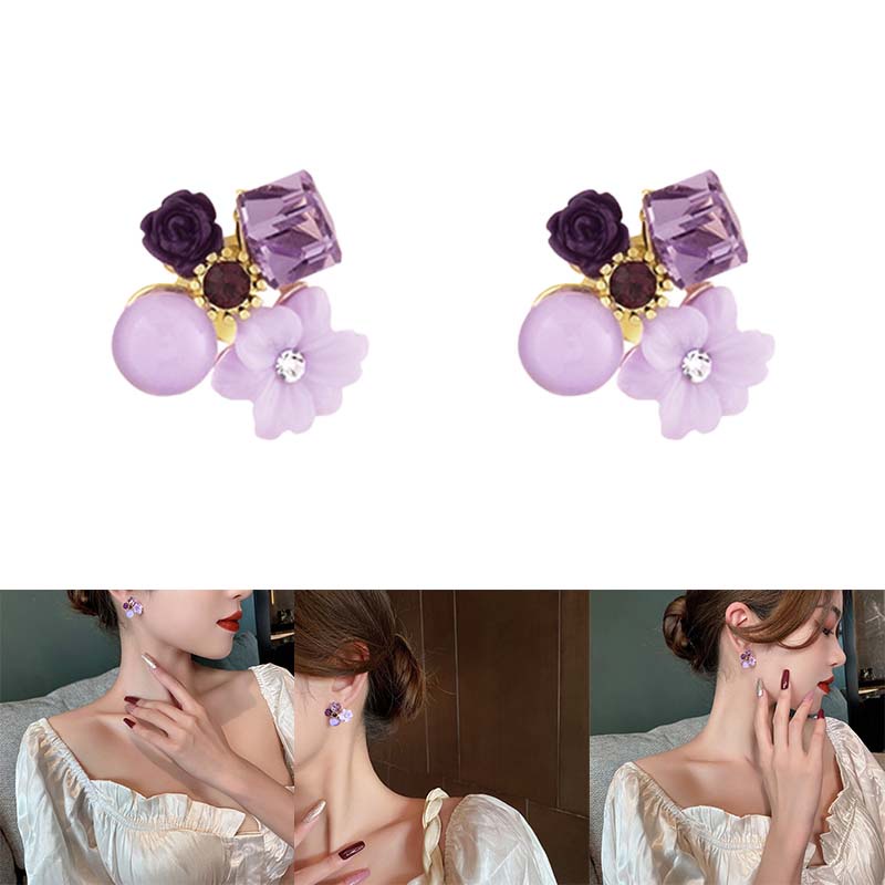 Bông Tai Hình Hoa Đính Pha Lê Tím Phong Cách retro Thanh Lịch