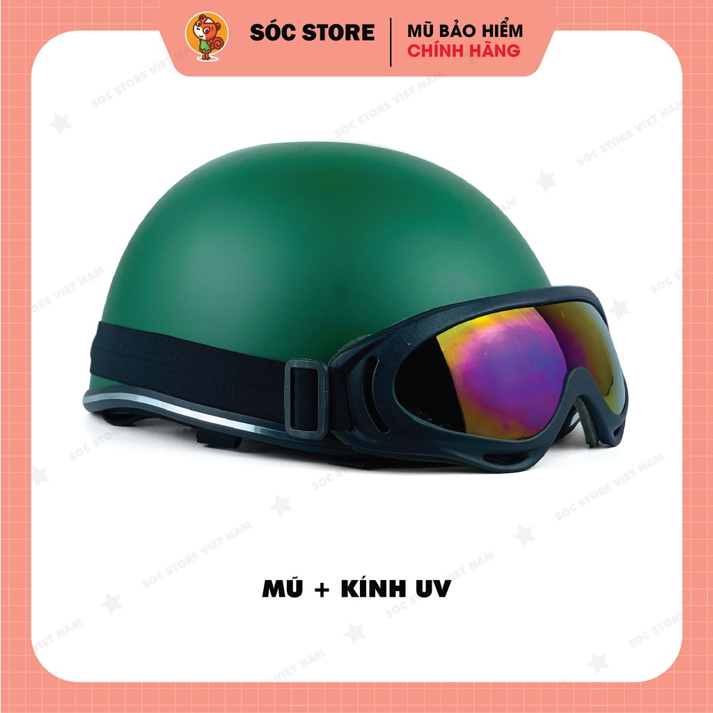 Mũ bảo hiểm nửa đầu chính hãng Sóc Store Vietnam màu xanh rêu kèm kính UV, kính phi công, nón bảo hiểm 1 phần 2 freesize