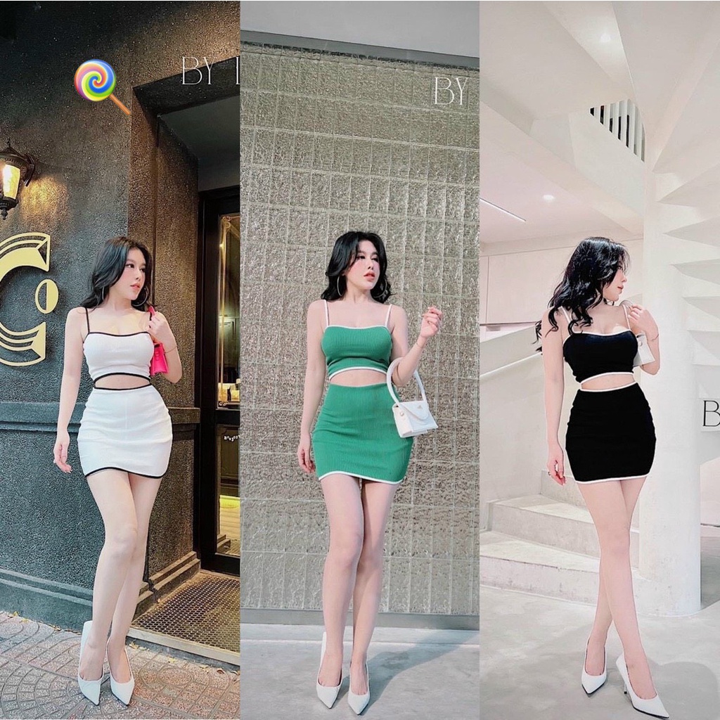 Áo thun nữ 2 dây dáng croptop ngắn có mút kèm chân váy ngắn có dây kéo sau phối viền màu hot