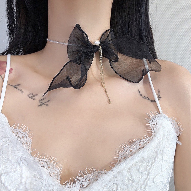 ( Có trắng) choker lolita hạt phối nơ bèo dây xích rủ mã GU-1